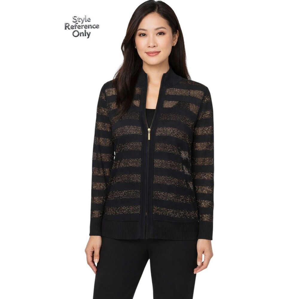 Exclusively Misook Zip Front Knit Cardigan Size Medium Black Sheer Gold Stripe